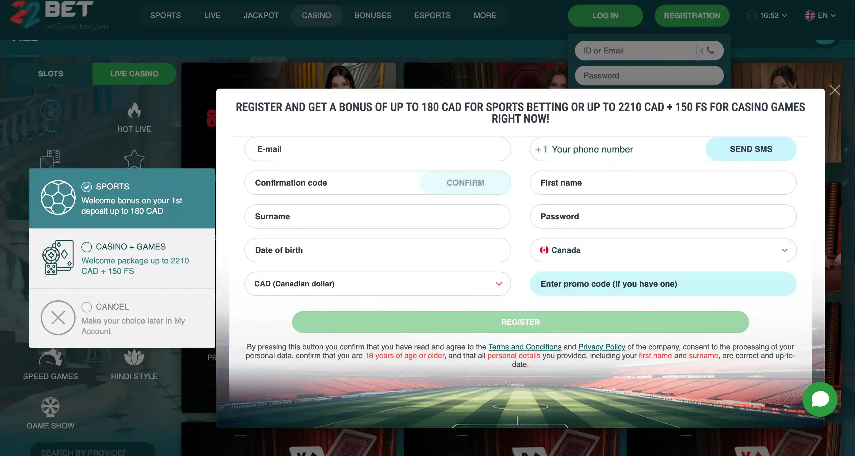 22Bet Register